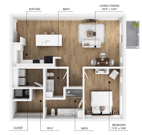 Floor plan for 1 bed, 1.5 baths, 952 sqft